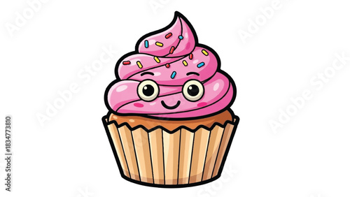 Cute Cartoon Cupcake with Pink Frosting and Sprinkles.