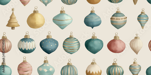 festive pattern vintage Christmas ornaments in dusty gold, teal, and blush tones, essential for design, textiles, packaging, fabrics, wallpapers, branding, stationery, wrapping paper, home decor.