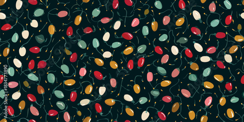 Festive vector pattern colorful retro Christmas string lights on a dark background, excellent for design, textiles, packaging, fabrics, wallpapers, branding, stationery, wrapping paper, home decor.