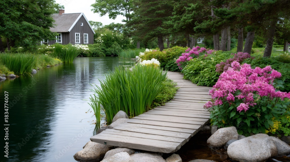 Fototapeta premium Garden lake with wooden path and flowers