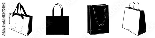 Set Shopping Bag Black and White Silhouette Vector Ideal for retail, commerce, sale, purchase, and e-commerce graphics. Symbolizes simple transaction, market, and retail activity.