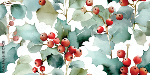 seamless pattern watercolor illustrations of mistletoe, holly, and winter berries with foliage, for design, textiles, packaging, fabrics, wallpapers, branding, stationery, wrapping paper, decor