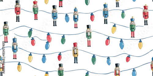 seamless pattern with traditional toy Nutcracker soldiers and string lights on a white background, design, textiles, packaging, fabrics, wallpapers, branding, stationery, wrapping paper, home decor