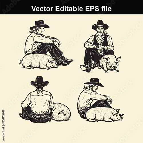 vector editable eps file featuring four black and white illustrations of cowboys sitting next to pigs in various poses, perfect for western or farm themes