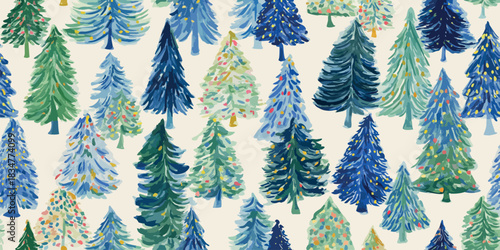seamless pattern of whimsical, colorful Christmas trees with festive decorations, perfect for design, textiles, packaging, fabrics, wallpapers, branding, stationery, wrapping paper, and home decor