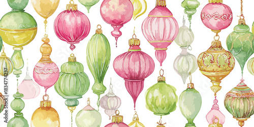 seamless pattern of hanging vintage Christmas ornaments painted in soft pastel watercolor, excellent for textiles, packaging, fabrics, wallpapers, branding, stationery, wrapping paper, and home decor.