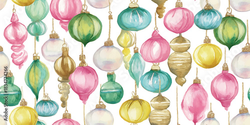 seamless pattern of hanging vintage Christmas ornaments painted in soft pastel watercolor, excellent for textiles, packaging, fabrics, wallpapers, branding, stationery, wrapping paper, and home decor.