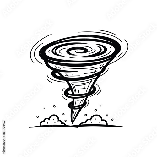 Dramatic tornado illustration swirling with dangerous power, perfect for weather reports, disaster preparedness campaigns, or educational materials on severe storms and climate change risks