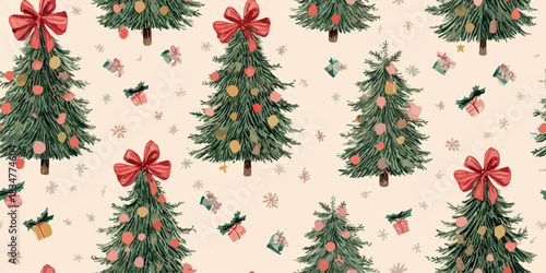 A festive watercolor seamless pattern of decorated Christmas trees with red bows and scattered gift boxes on a light, speckled background, suitable for wrapping paper, fabrics, and seasonal designs.