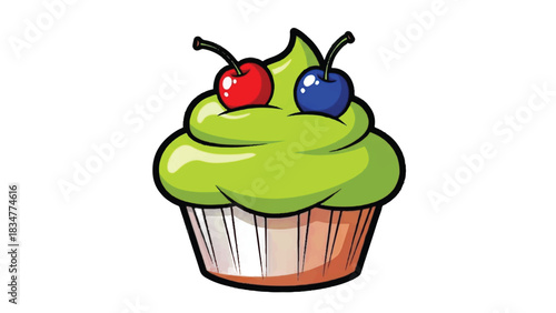 A delicious green cupcake with two cherries on top.