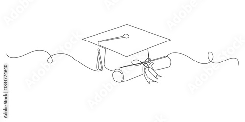 Continuous line drawing of a graduation cap and diploma.One line illustration symbolizing academic achievement, education, commencement, success, and a milestone celebration.