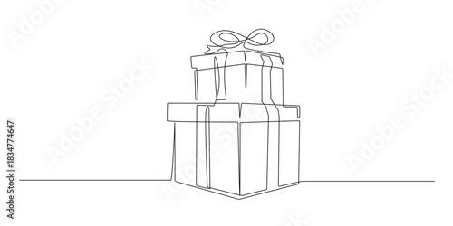Continuous line drawing of stacked gift boxes.
One line drawing showing multiple presents arranged in a pile to represent celebration, surprises, holidays, birthdays, and festive moments.
