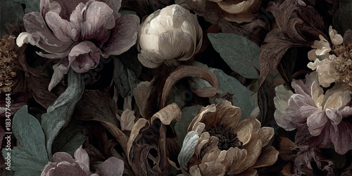 An elegant seamless pattern of detailed, line-art peonies and leaves in muted, dark, moody tones, excellent for luxury fabrics, wallpapers, modern packaging, and sophisticated branding.