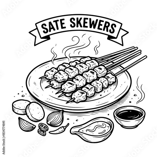 A hand-drawn black and white illustration of grilled sate skewers on a plate with peanut sauce, soy sauce, and fresh ingredients.