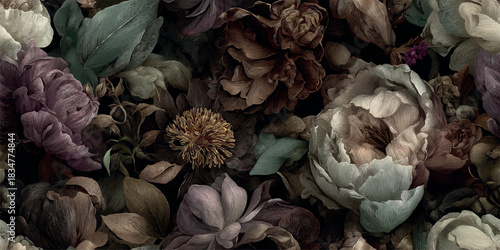 An elegant seamless pattern of detailed, line-art peonies and leaves in muted, dark, moody tones, excellent for luxury fabrics, wallpapers, modern packaging, and sophisticated branding.