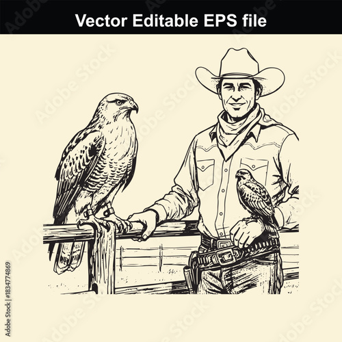 vector editable eps file featuring a smiling cowboy wearing a hat and western shirt, standing next to a large hawk perched on a fence rail with a small bird on his arm