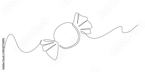 Continuous line drawing of a candy wrapped in twisted plastic.
One line drawing sweet treat , desserts, childhood treats, and festive gifting.