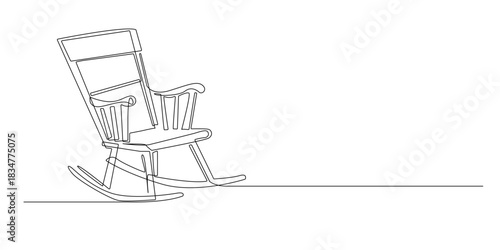 Continuous line drawing of a wooden rocking chair.
One line drawing depicting a classic wooden rocking chair symbolizing relaxation, comfort, calm home atmosphere, and cozy vintage furniture.