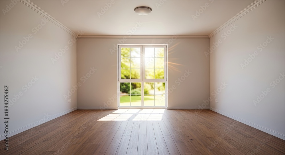 Fototapeta premium A spacious, well-lit room with hardwood floors and a large window, showcasing a serene outdoor view.