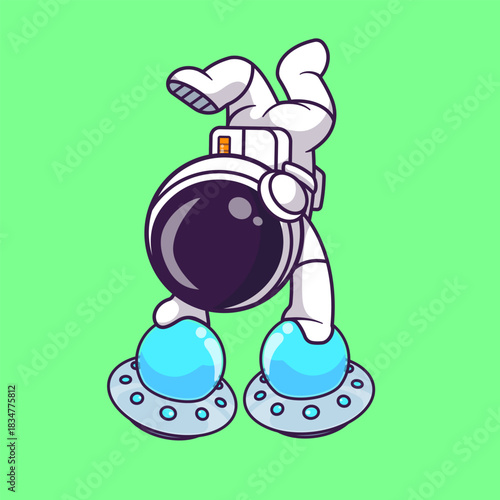 Cute Astronaut Handstand On Ufo Cartoon