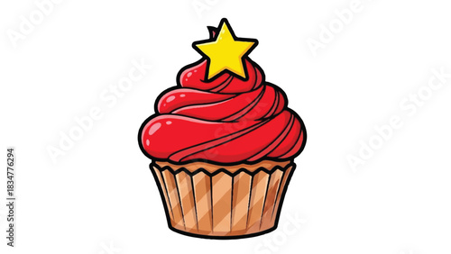 A Delicious Red Cupcake with a Yellow Star Topping.