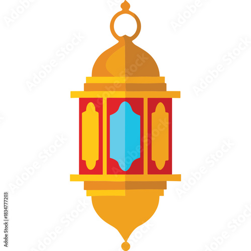 Golden Islamic Lantern With Red Frame And Blue Glass Panels Illuminated And Hanging With A Dark Background
