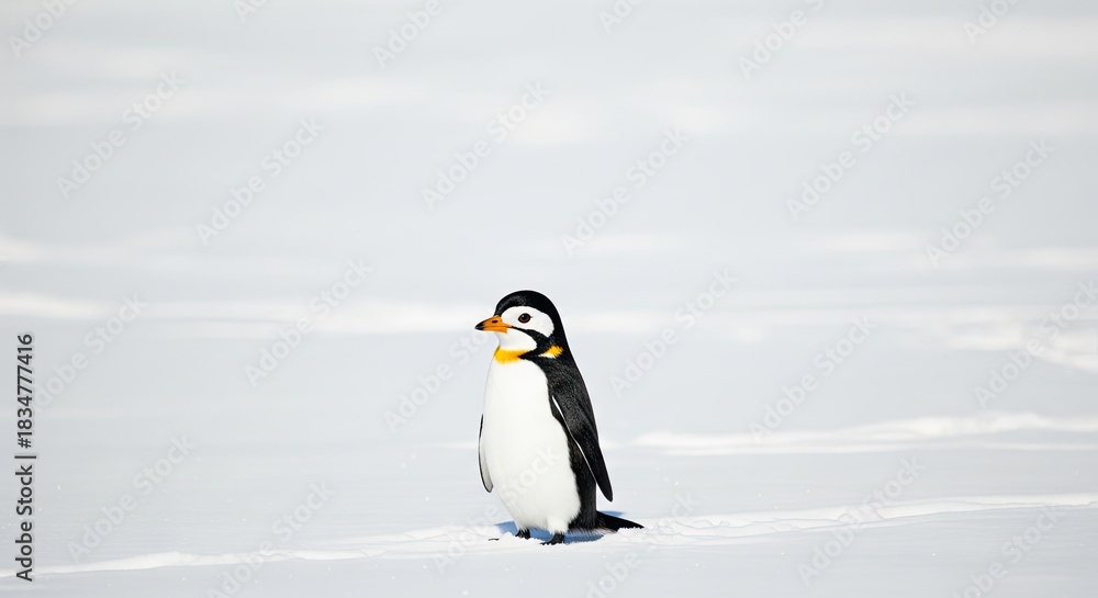 Obraz premium A penguin standing on a snowy landscape with a white background.