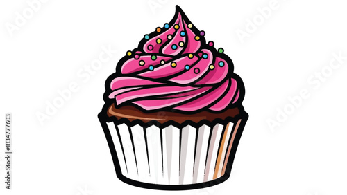 Delicious Chocolate Cupcake with Pink Swirl Frosting and Sprinkles.