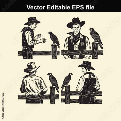vector illustration set featuring four different cowboy figures interacting with birds of prey perched on a wooden fence, presented in a vintage sketch style