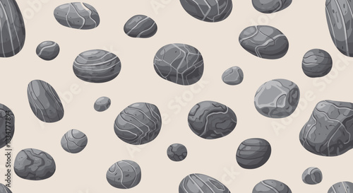 A seamless repeating pattern of gray cartoon river stones and pebbles with texture lines on a light neutral background.jpg