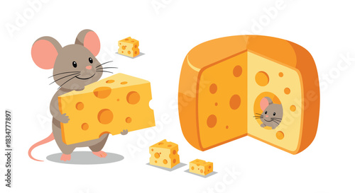 Two adorable cartoon mice characters interacting with large blocks of Swiss cheese one holding a wedge and another inside a wheel.jpg