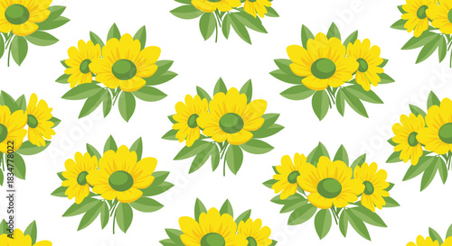 Bright and cheerful seamless pattern featuring bouquets of yellow sunflowers or daisies with green leaves on a white background.jpg