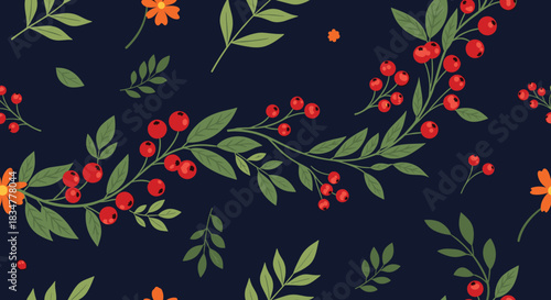 Elegant seamless winter floral pattern with branches of red berries and green leaves on a sophisticated dark navy blue background.jpg