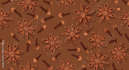 Aromatic seamless pattern of star anise and clove spices with shadows on a warm brown background for culinary designs.jpg
