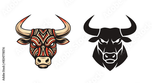 Powerful bull head mascot logo design shown in two styles one with colorful ethnic patterns and one as a black silhouette.jpg