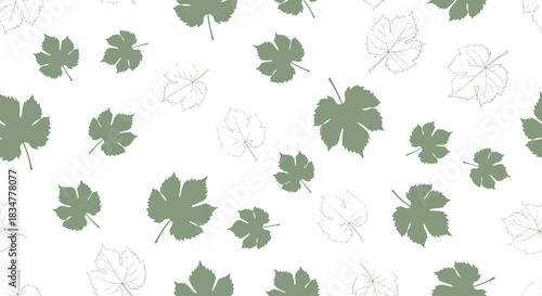 A simple seamless pattern of falling green grape leaves in both solid silhouette and delicate outline styles on white background.jpg