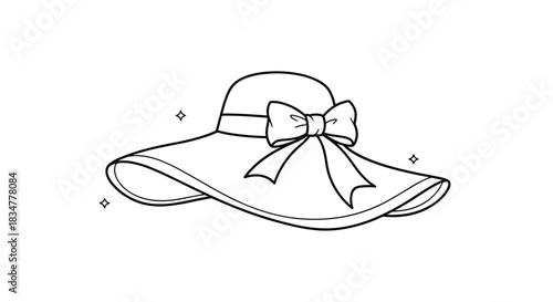 Elegant line art illustration of a woman's wide-brimmed summer sun hat decorated with a large ribbon bow and sparkles.jpg