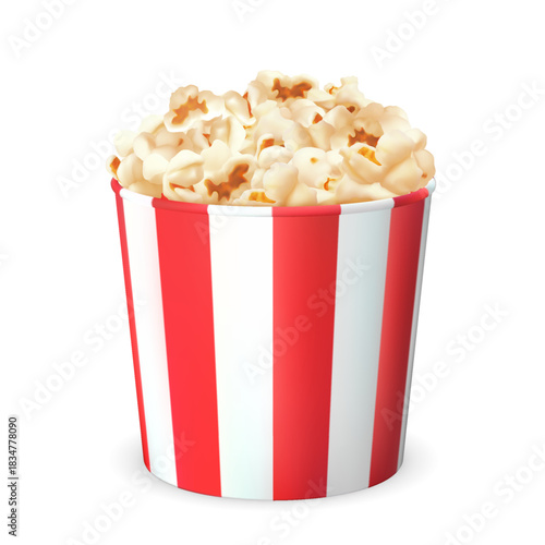 A striped large cup of popcorn, a sweet movie theater snack.