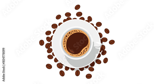 Top view flat lay illustration of a white cup of hot black coffee on a saucer surrounded by scattered roasted coffee beans.jpg