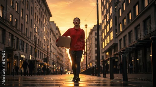 Red uniform courier woman delivering box to home on suburban street at sunset 