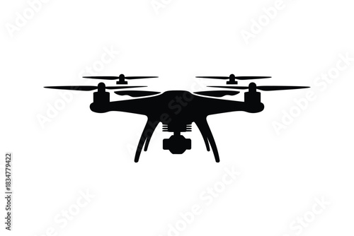 Drone silhouette icon for tech and aviation concepts, flat black vector