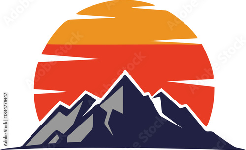 Stylized Mountain Peak with Big Orange Sunset Background Vector