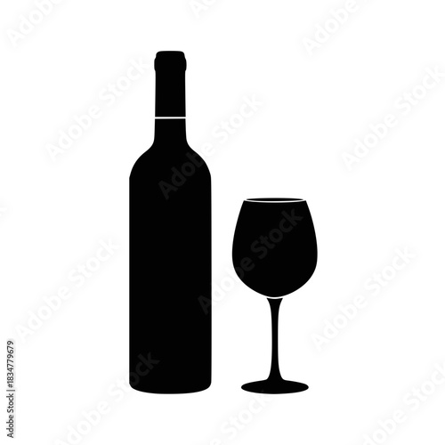 Wine bottle and glass silhouette - vector illustration. Transparent background SVG version.