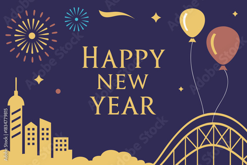 Luxury Happy New Year text with colorful cityscape fireworks balloons blue sky