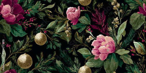 A dramatic and festive seamless pattern combining deep magenta peonies, pine foliage, winter berries, and sparkling gold glitter balls on a dark green background, excellent for holiday fabrics.