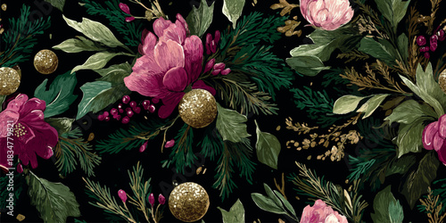 A dramatic and festive seamless pattern combining deep magenta peonies, pine foliage, winter berries, and sparkling gold glitter balls on a dark green background, excellent for holiday fabrics.