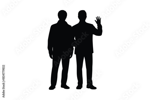 Two men standing together with one waving, minimalist black silhouette vector illustration