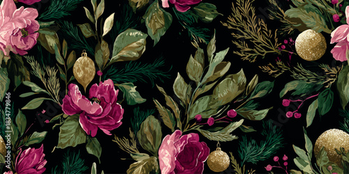 A dramatic and festive seamless pattern combining deep magenta peonies, pine foliage, winter berries, and sparkling gold glitter balls on a dark green background, excellent for holiday fabrics.