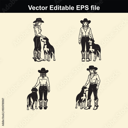 collection of four vector illustrations depicting cowgirls or female ranch workers standing next to their loyal dogs, presented in a clean, editable eps file format