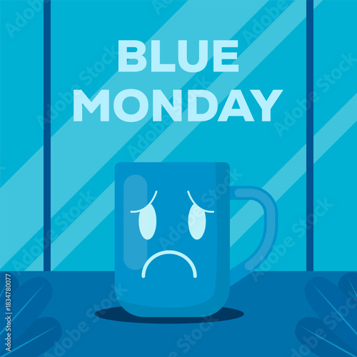 blue monday illustration in flat style design with sad cup